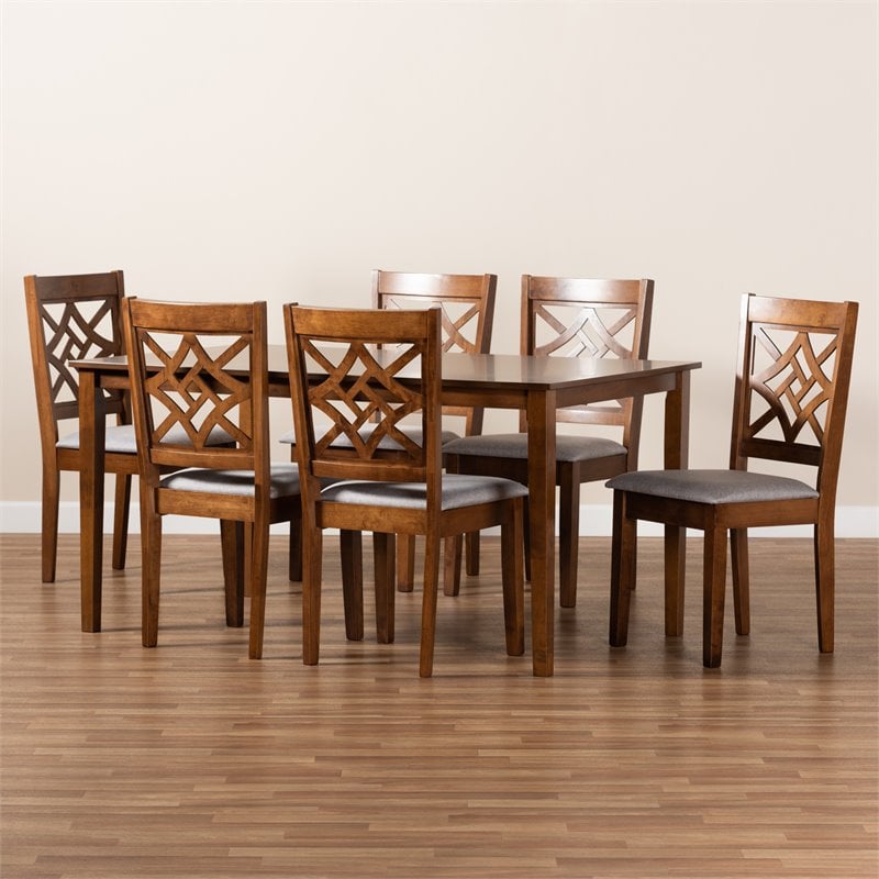 Pemberly Row Grey Fabric and Brown Wood 7-Piece Walnut Dining Set