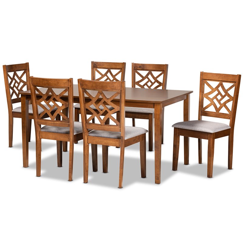 Pemberly Row Grey Fabric and Brown Wood 7-Piece Walnut Dining Set