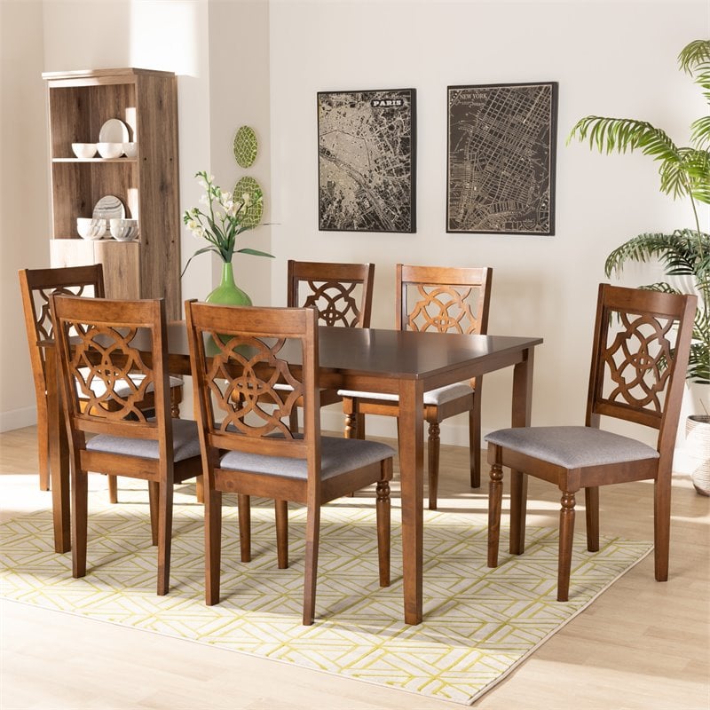 Pemberly Row Walnut Wood & Grey Fabric 7-Piece Rectangular Dining Set
