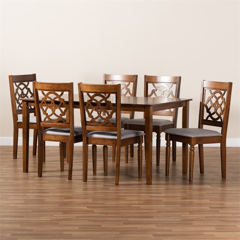 Pemberly Row Walnut Wood & Grey Fabric 7-Piece Rectangular Dining Set