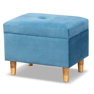 Pemberly Row Sky Blue Velvet Storage Ottoman with Brown Finished Wood