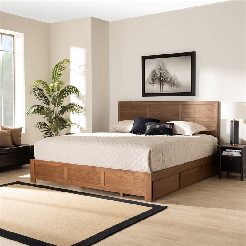Pemberly Row King Storage Bed with 3-Drawer Platform Design in Walnut Finish