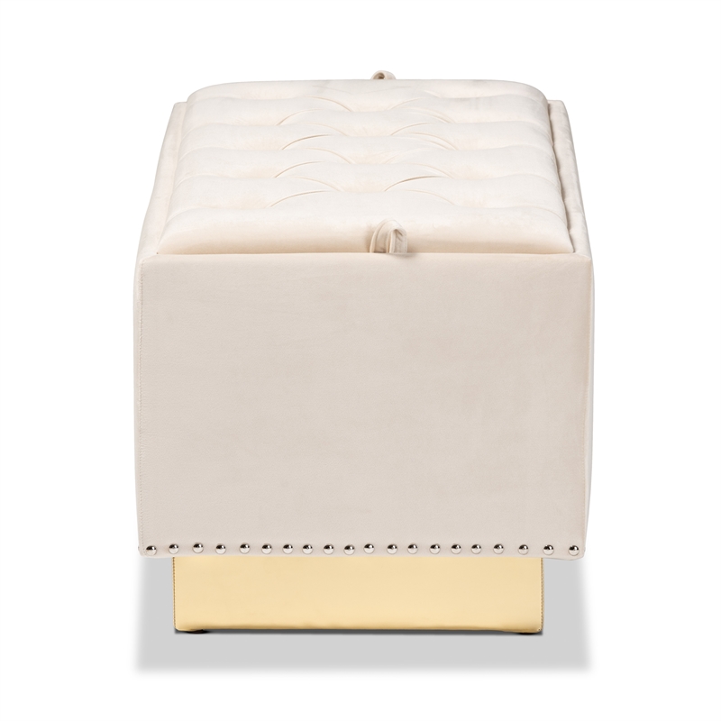 Pemberly Row Beige Velvet Ottoman with Gold Base and Storage