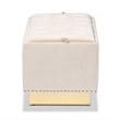 Pemberly Row Beige Velvet Ottoman with Gold Base and Storage