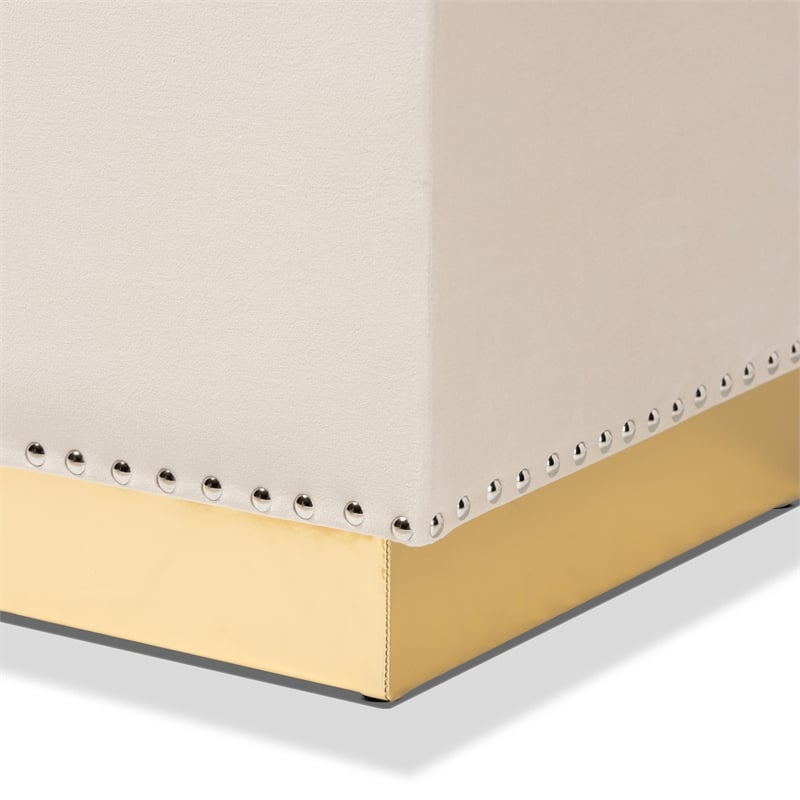 Pemberly Row Beige Velvet Ottoman with Gold Base and Storage