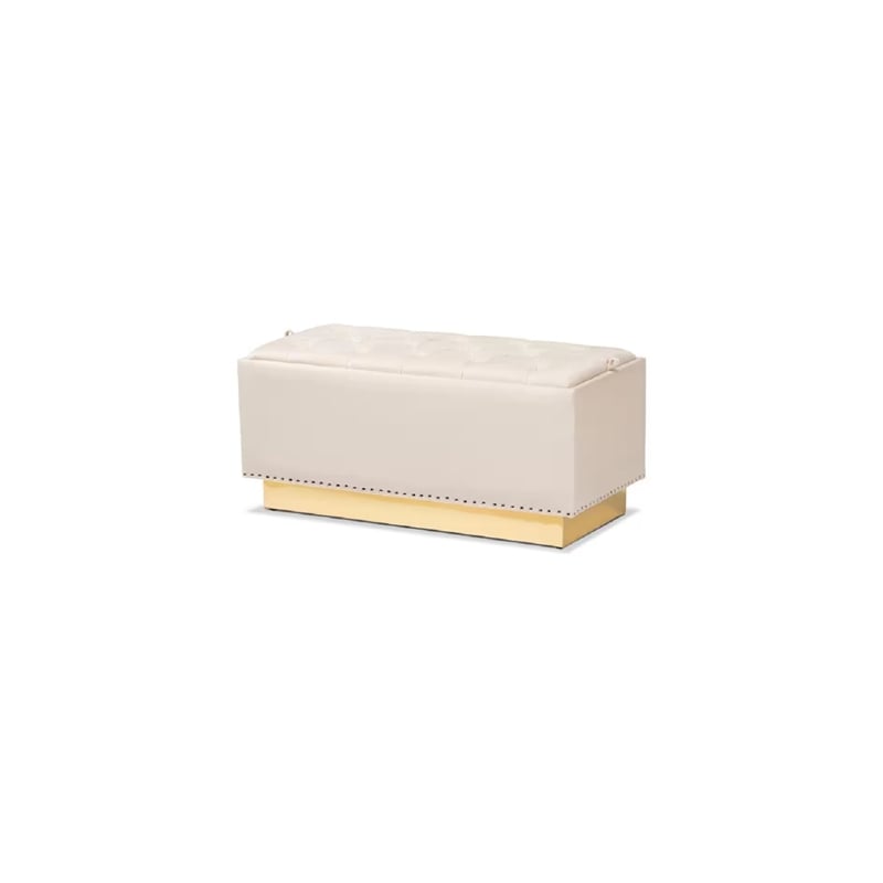 Pemberly Row Beige Velvet Ottoman with Gold Base and Storage