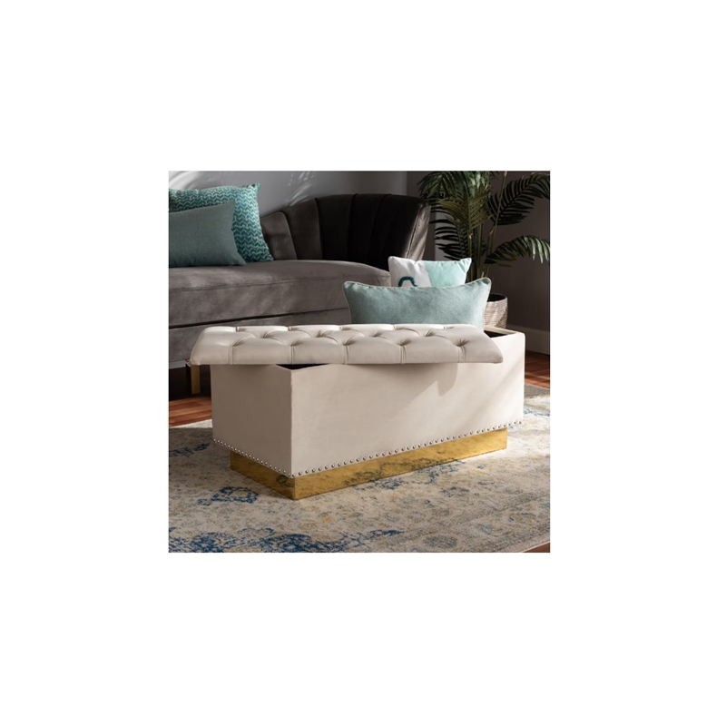Pemberly Row Beige Velvet Ottoman with Gold Base and Storage