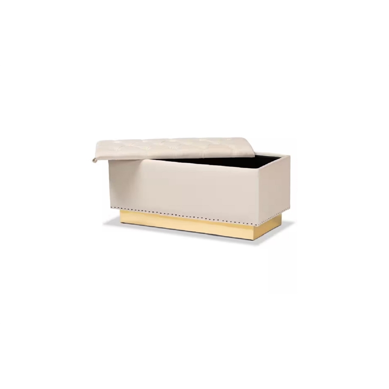 Pemberly Row Beige Velvet Ottoman with Gold Base and Storage