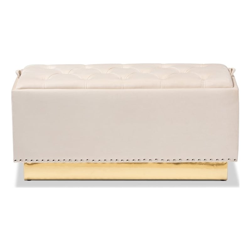 Pemberly Row Beige Velvet Ottoman with Gold Base and Storage