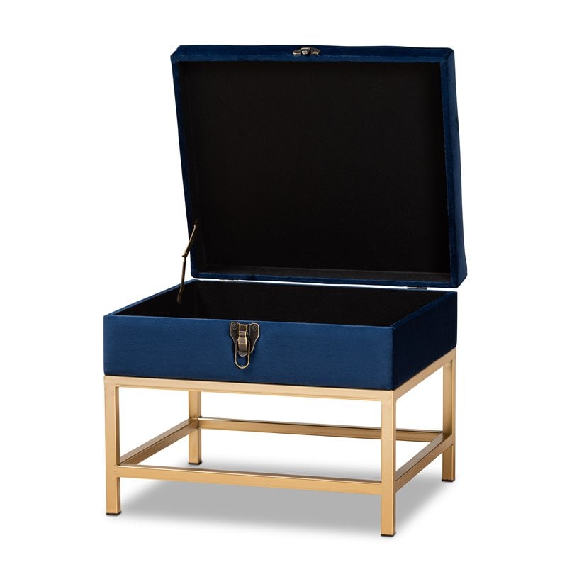 Pemberly Row Navy Blue Velvet Ottoman with Lift-Top Storage