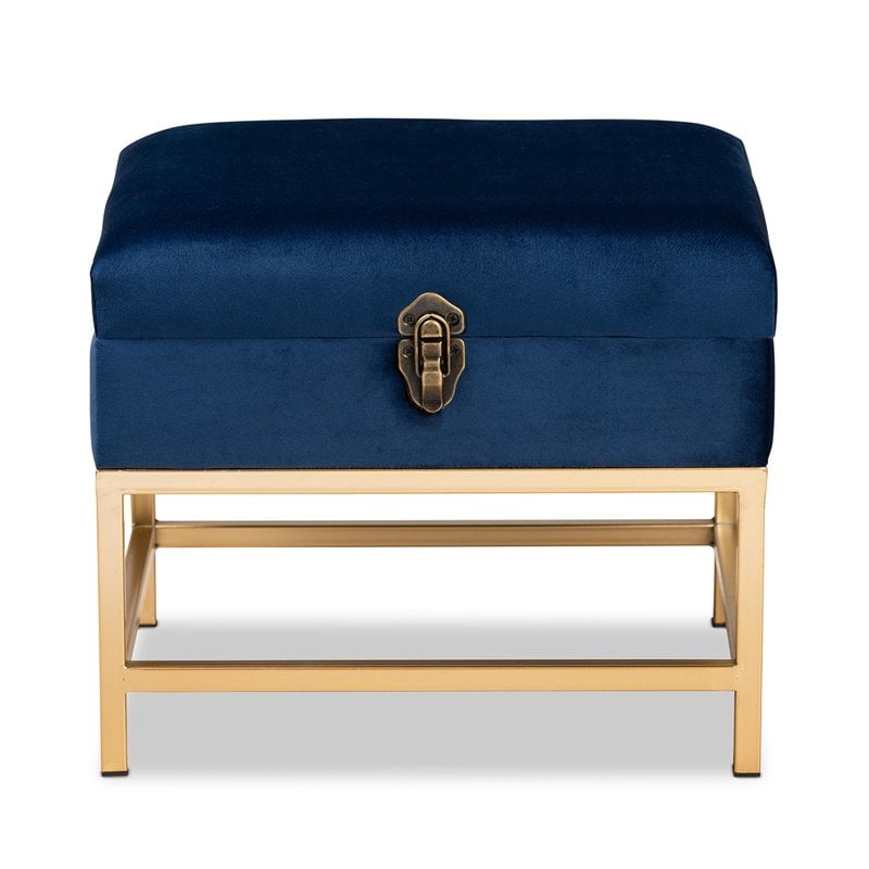 Pemberly Row Navy Blue Velvet Ottoman with Lift-Top Storage