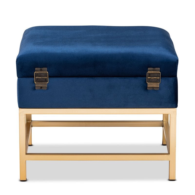 Pemberly Row Navy Blue Velvet Ottoman with Lift-Top Storage