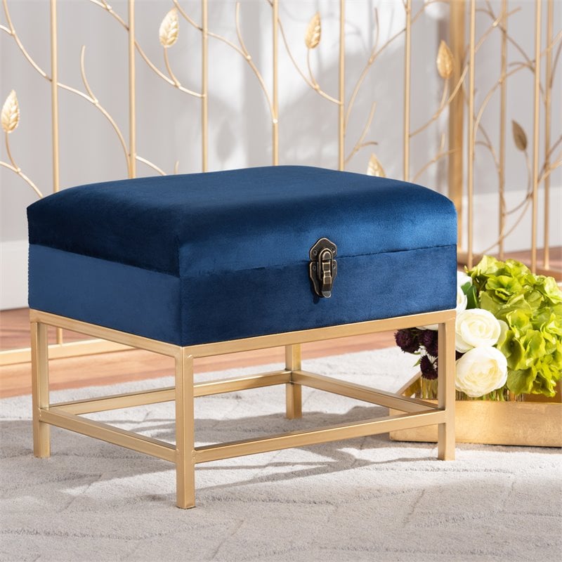 Pemberly Row Navy Blue Velvet Ottoman with Lift-Top Storage