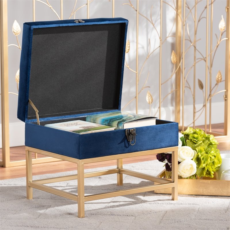 Pemberly Row Navy Blue Velvet Ottoman with Lift-Top Storage