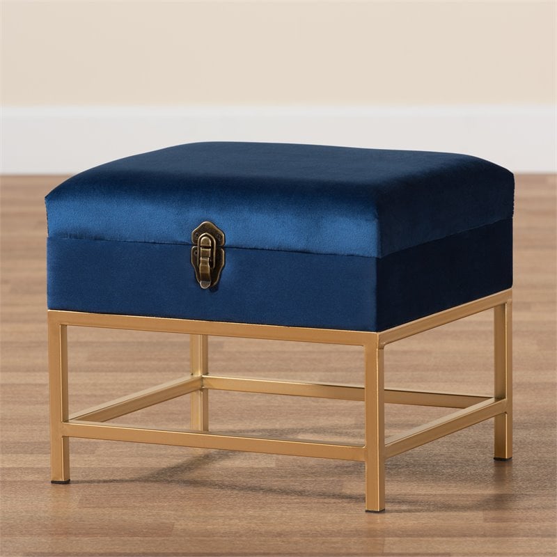 Pemberly Row Navy Blue Velvet Ottoman with Lift-Top Storage