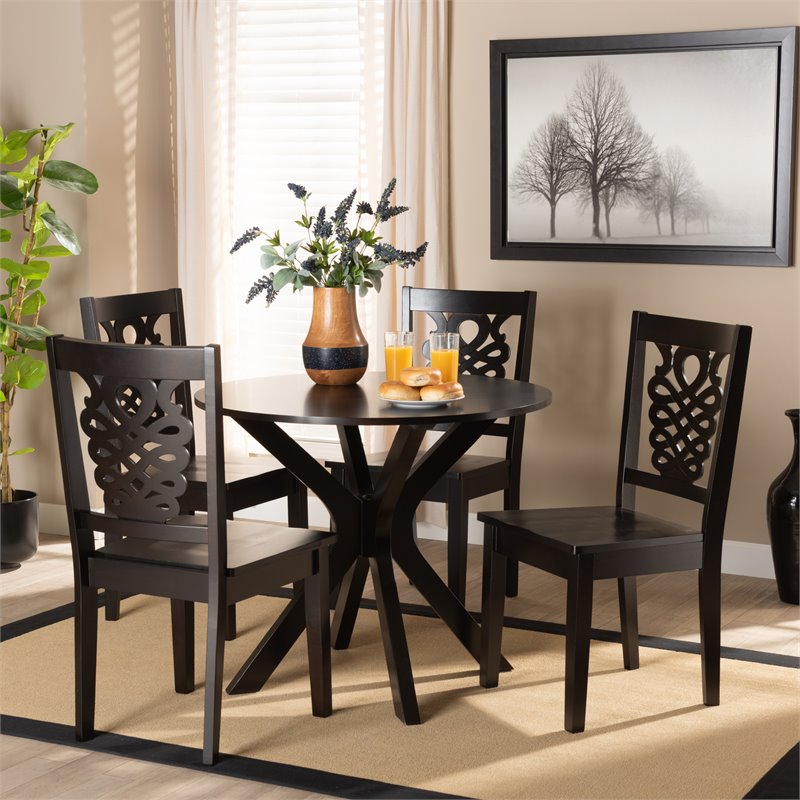 Pemberly Row Transitional Dark Brown Wood 5-Piece Circular Dining Set