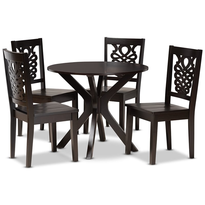 Pemberly Row Transitional Dark Brown Wood 5-Piece Circular Dining Set