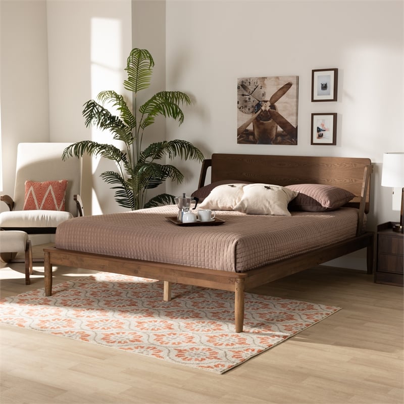 Pemberly Row King Size Platform Bed in Ash Walnut Brown Wood Finish