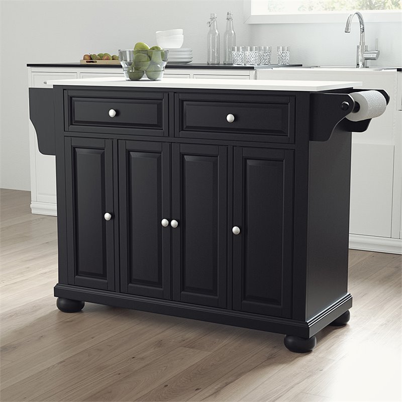Pemberly Row Black Wood Kitchen Island with Granite Top and Storage