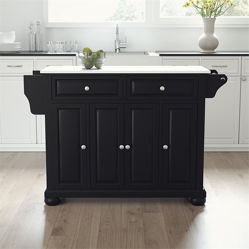 Pemberly Row Black Wood Kitchen Island with Granite Top and Storage