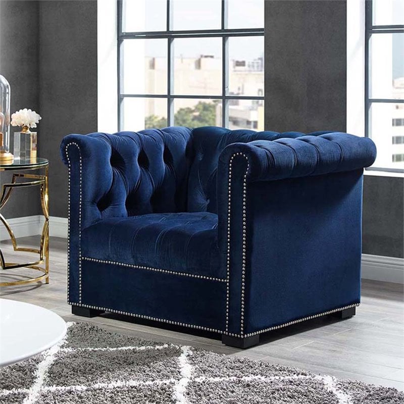 Pemberly Row Velvet Chesterfield Accent Armchair in Midnight Blue