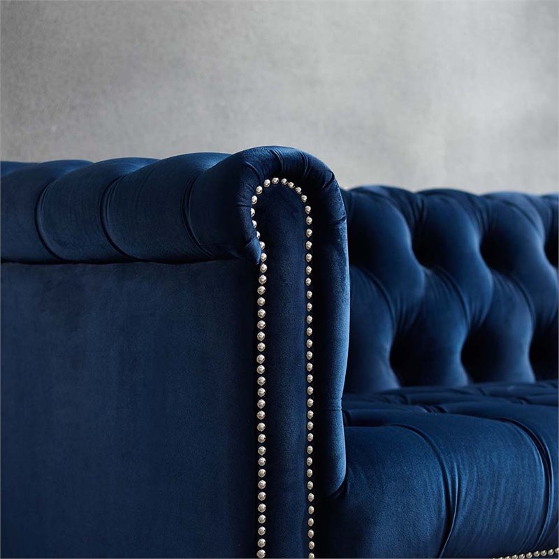 Pemberly Row Velvet Chesterfield Accent Armchair in Midnight Blue