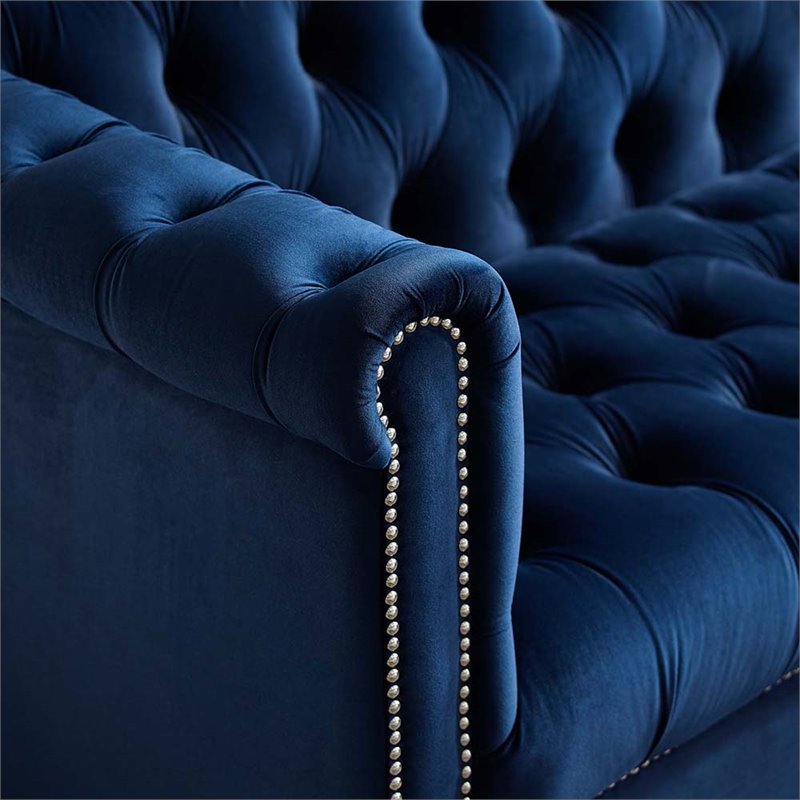 Pemberly Row Velvet Chesterfield Accent Armchair in Midnight Blue