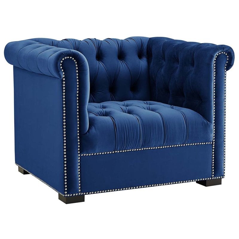 Pemberly Row Velvet Chesterfield Accent Armchair in Midnight Blue