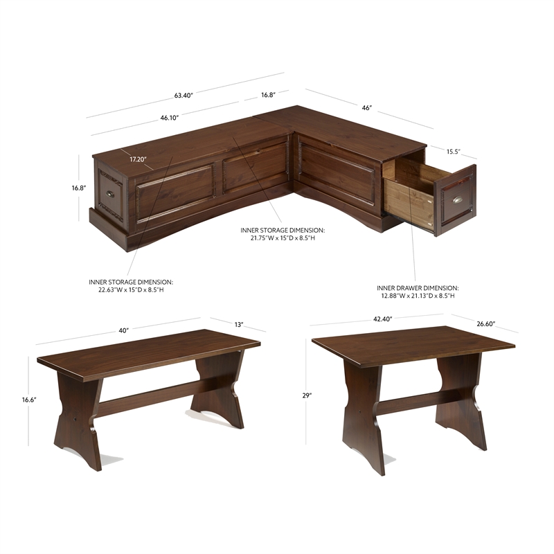 Pemberly Row 3-Piece Backless Dining Nook with Storage in Walnut Wood