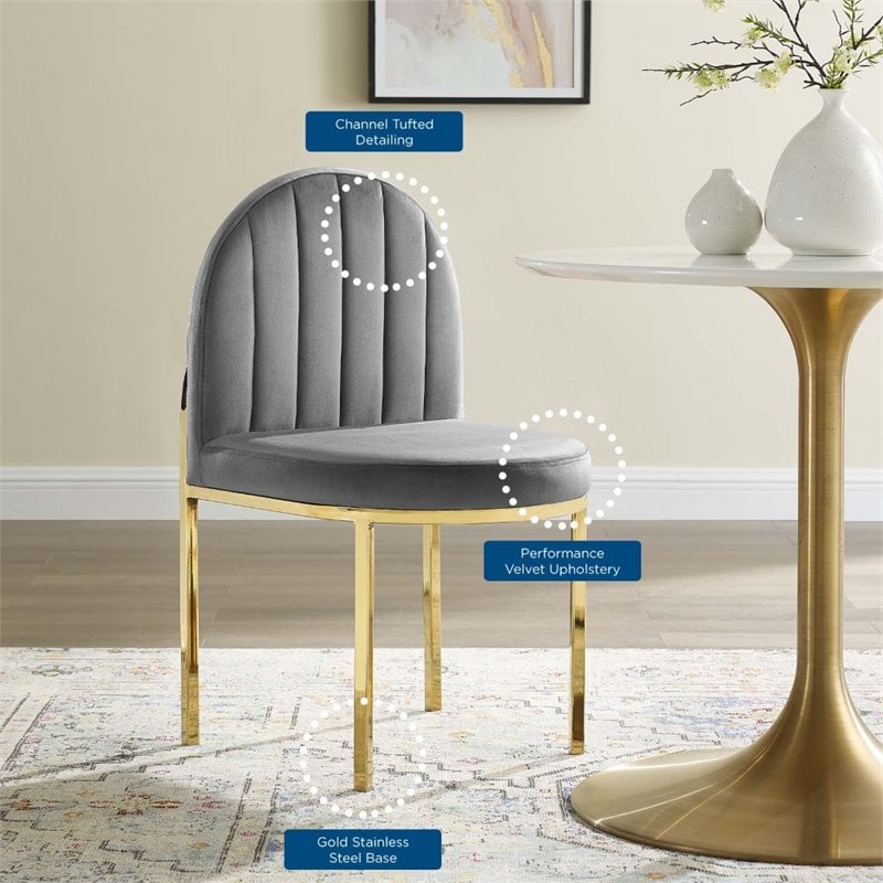 Pemberly Row Channel Tufted Velvet Dining Chair in Gold and Gray