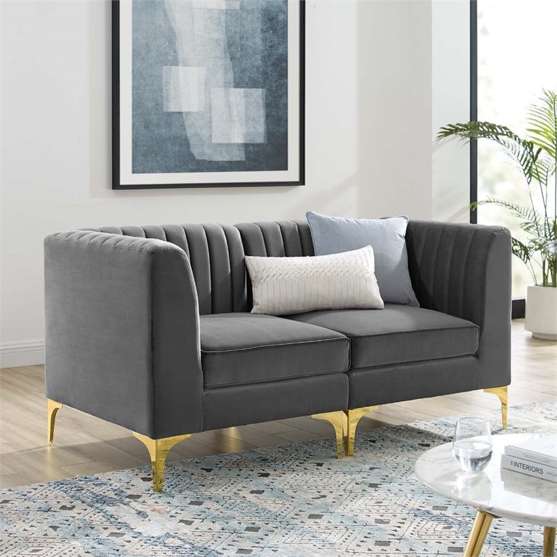 Pemberly Row Channel Tufted Velvet Loveseat in Gray with Gold Metal Legs