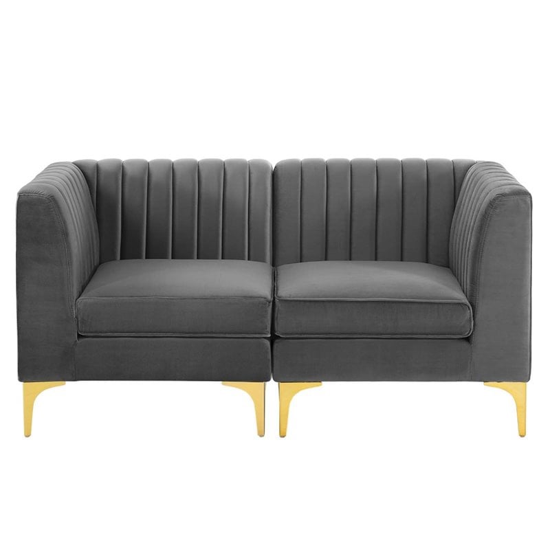 Pemberly Row Channel Tufted Velvet Loveseat in Gray with Gold Metal Legs