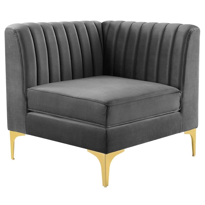 Pemberly Row Channel Tufted Velvet Loveseat in Gray with Gold Metal Legs