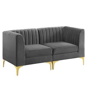 Pemberly Row Channel Tufted Velvet Loveseat in Gray with Gold Metal Legs