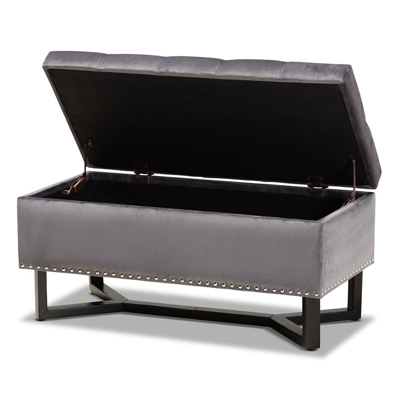 Pemberly Row Grey Velvet Storage Ottoman with Dark Brown Wood Base