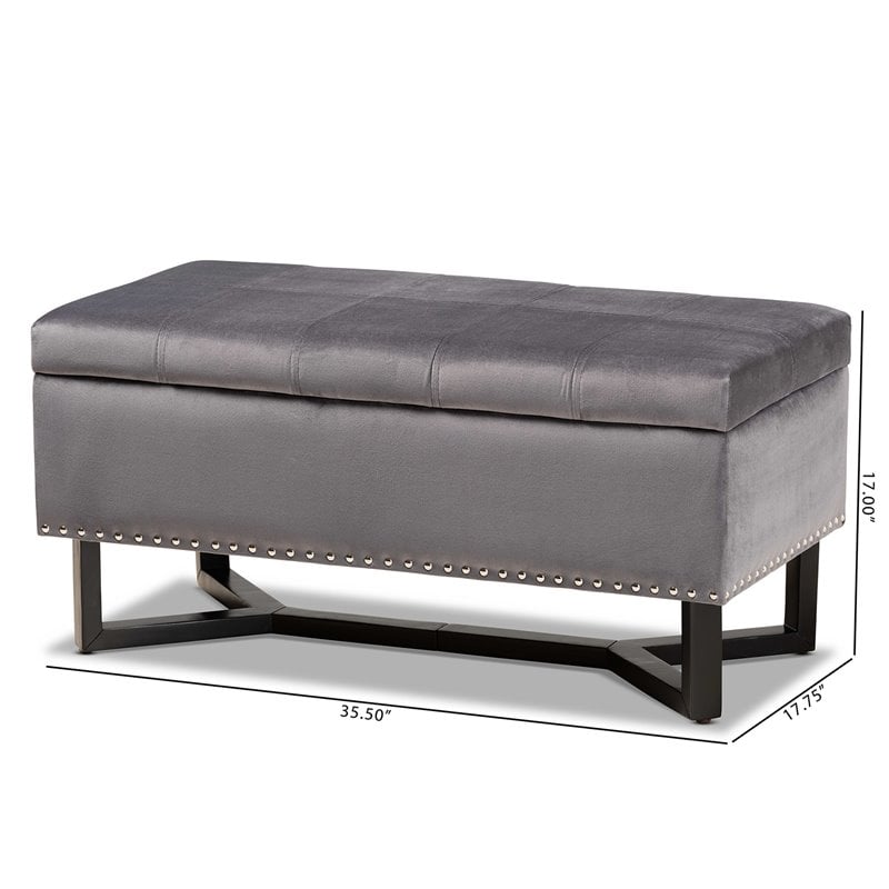 Pemberly Row Grey Velvet Storage Ottoman with Dark Brown Wood Base
