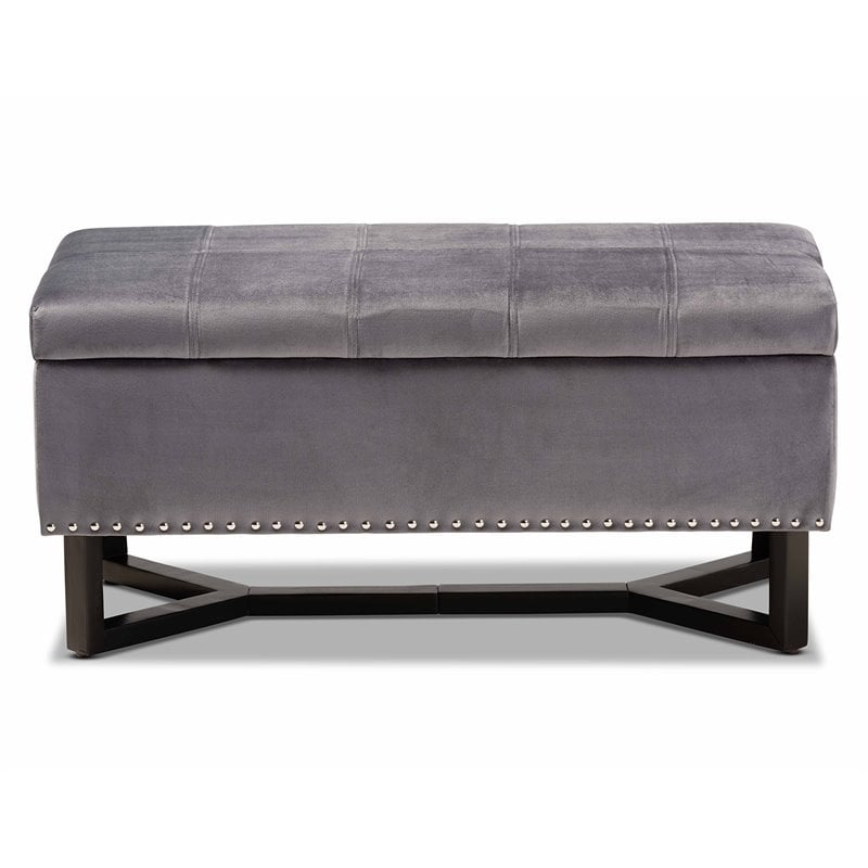Pemberly Row Grey Velvet Storage Ottoman with Dark Brown Wood Base