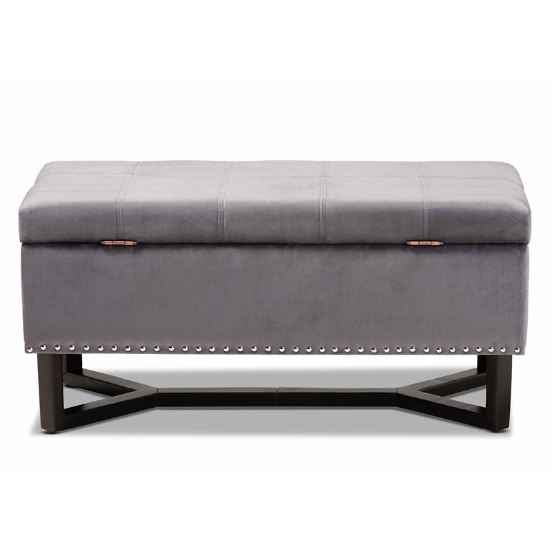 Pemberly Row Grey Velvet Storage Ottoman with Dark Brown Wood Base