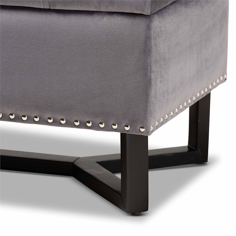 Pemberly Row Grey Velvet Storage Ottoman with Dark Brown Wood Base