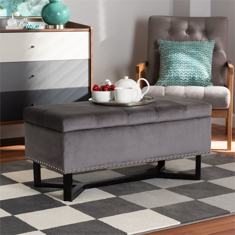 Pemberly Row Grey Velvet Storage Ottoman with Dark Brown Wood Base