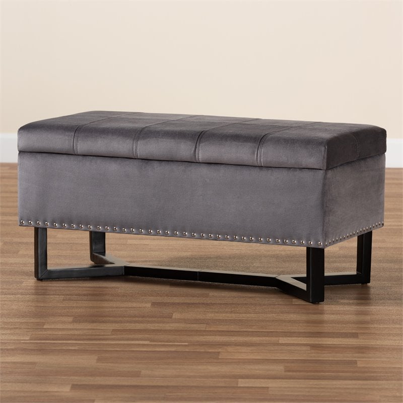 Pemberly Row Grey Velvet Storage Ottoman with Dark Brown Wood Base