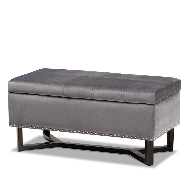 Pemberly Row Grey Velvet Storage Ottoman with Dark Brown Wood Base
