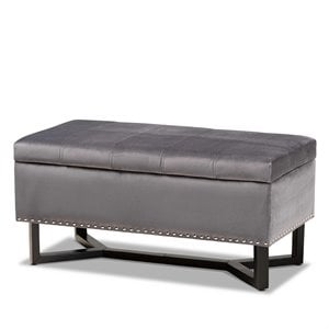 Pemberly Row Grey Velvet Storage Ottoman with Dark Brown Wood Base