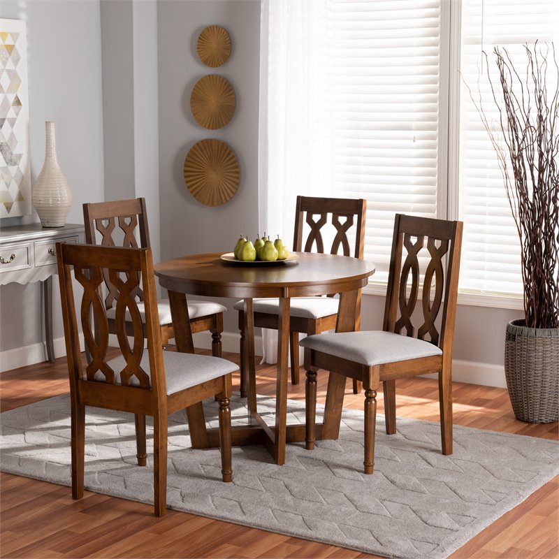 Pemberly Row Grey Fabric and Walnut Brown Wood 5-Piece Modern Dining Set