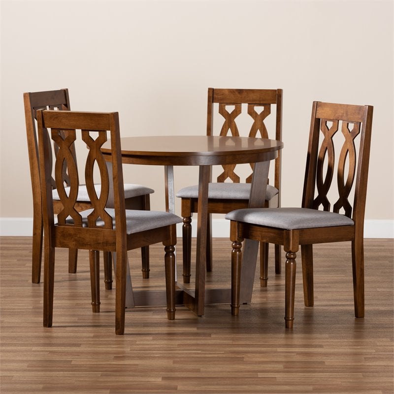 Pemberly Row Grey Fabric and Walnut Brown Wood 5-Piece Modern Dining Set