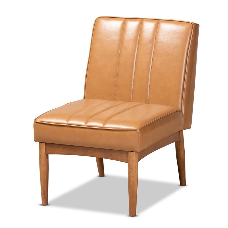 Pemberly Row Daymond Tan Faux Leather Mid-Century Walnut Dining Chair