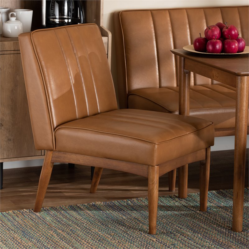Pemberly Row Daymond Tan Faux Leather Mid-Century Walnut Dining Chair