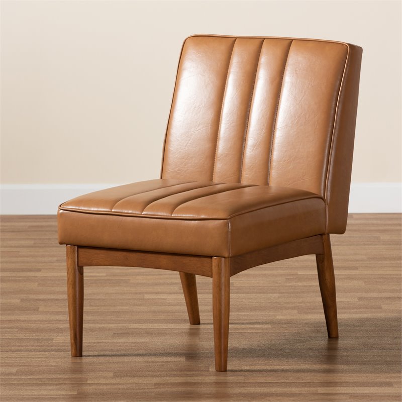 Pemberly Row Daymond Tan Faux Leather Mid-Century Walnut Dining Chair