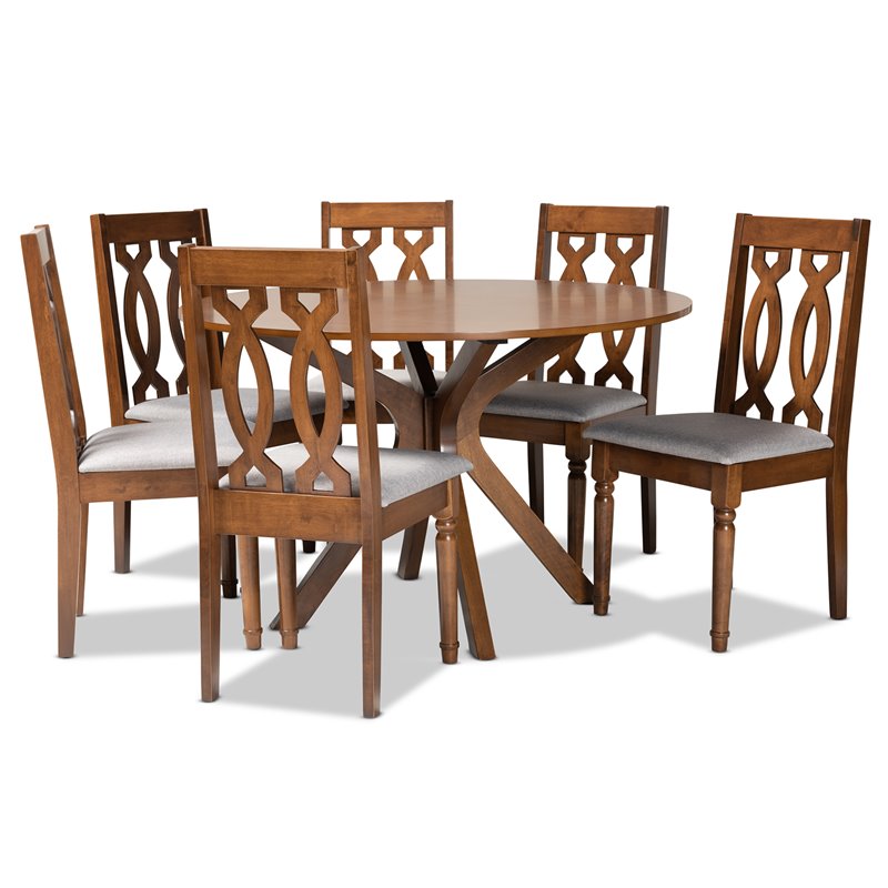 Pemberly Row 7-Piece Dining Set in Grey Fabric and Walnut Brown Wood