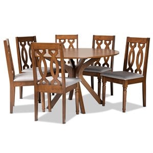 Pemberly Row 7-Piece Dining Set in Grey Fabric and Walnut Brown Wood